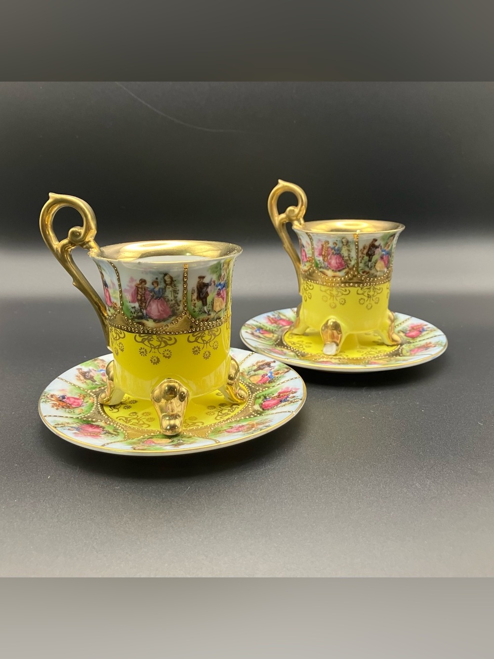 Yellow Vintage Courting Couple Demitasse Cup & Saucer Double Set Chipped